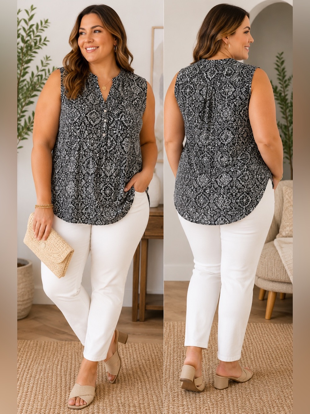 Kim Rogers Woman 2X Black White Medallion Print Sleeveless Button Front Blouse